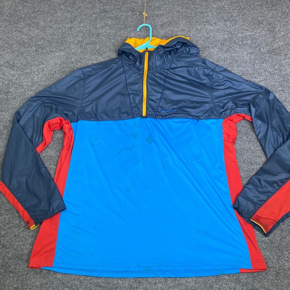 Simms SolarFlex UPF 50 Hoodie Mens XL Blue Red Fishing Shirt Quarter Zip Pullove